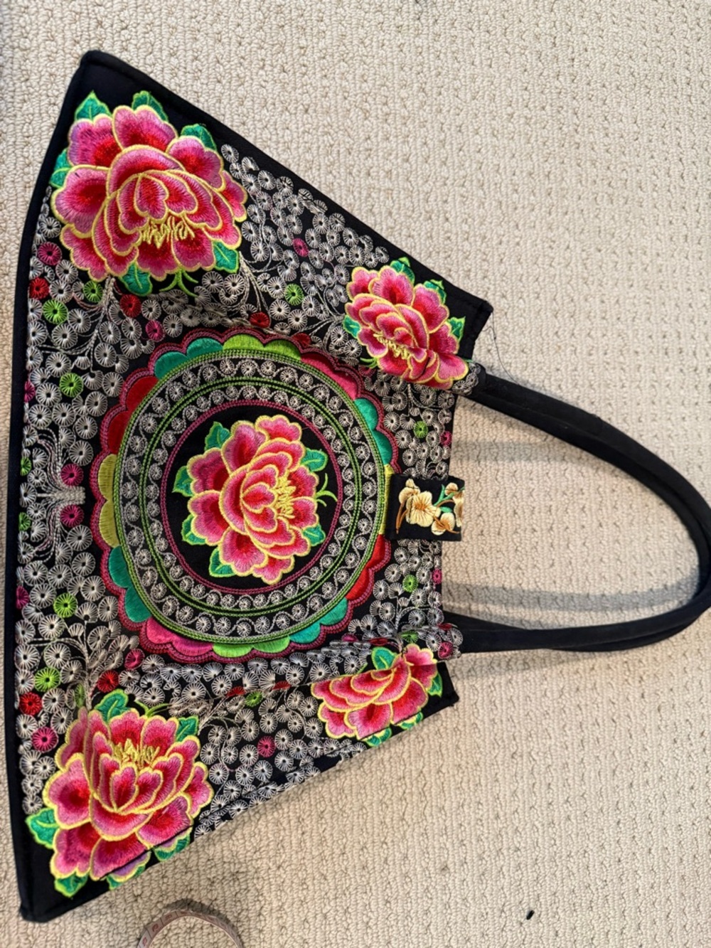 Black Embroidered Floral Tote with Pink & Green Detailing